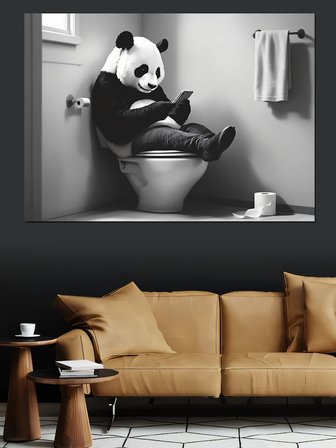 Tuvalette Gazete Okuyan Panda Dekoratif Kanvas - Mdf Ahşap Tablo