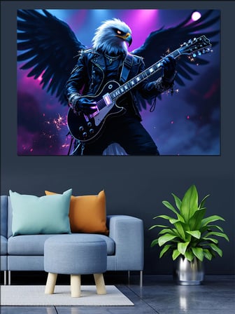 Kanatlı Gitar Çalan Kartal Dekoratif Kanvas - Mdf Ahşap Tablo