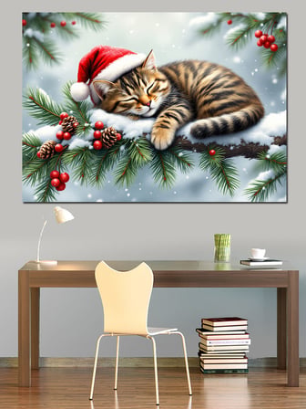 Noel Şapkalı Uykucu Kedi Dekoratif Kanvas - Mdf Ahşap Tablo