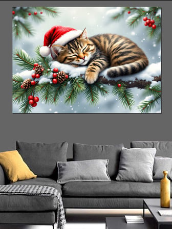 Noel Şapkalı Uykucu Kedi Dekoratif Kanvas - Mdf Ahşap Tablo