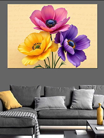 Sarı Mor Çiçek Demeti Dekoratif Kanvas - Mdf Ahşap Tablo
