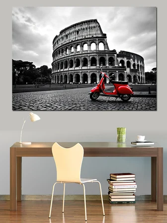 Roma’Da Kırmızı Vespa Dekoratif Kanvas - Mdf Ahşap Tablo