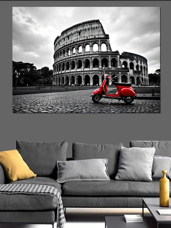 Roma’Da Kırmızı Vespa Dekoratif Kanvas - Mdf Ahşap Tablo