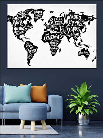 Tipografik Dünya Haritası Dekoratif Kanvas - Mdf Ahşap Tablo