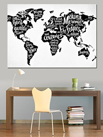 Tipografik Dünya Haritası Dekoratif Kanvas - Mdf Ahşap Tablo