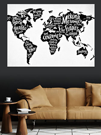 Tipografik Dünya Haritası Dekoratif Kanvas - Mdf Ahşap Tablo