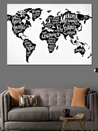 Tipografik Dünya Haritası Dekoratif Kanvas - Mdf Ahşap Tablo
