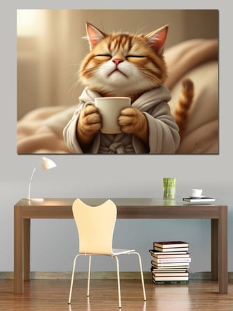 Mutlu Kedi Çizimi Dekoratif Kanvas - Mdf Ahşap Tablo
