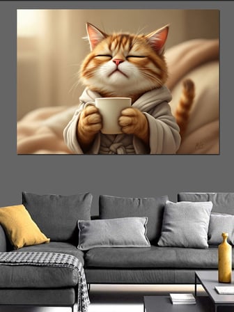 Mutlu Kedi Çizimi Dekoratif Kanvas - Mdf Ahşap Tablo