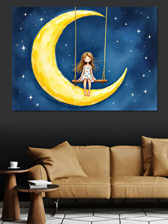 Ay Işığında Oturan Kız Dekoratif Kanvas - Mdf Ahşap Tablo