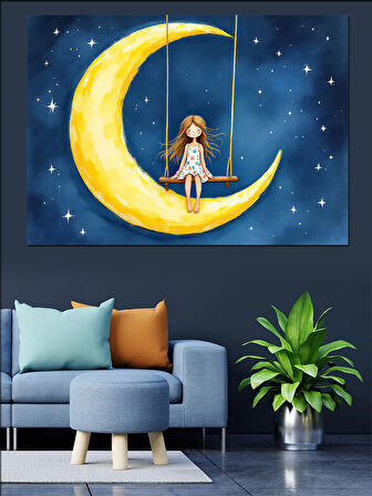 Ay Işığında Oturan Kız Dekoratif Kanvas - Mdf Ahşap Tablo