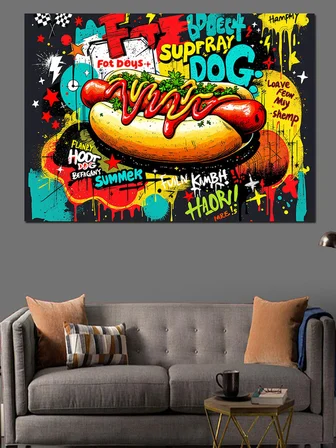 Patlayan Renkli Hot Dog Grafiti Dekoratif Kanvas - Mdf Ahşap Tablo