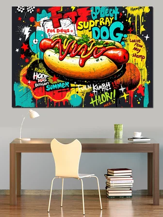 Patlayan Renkli Hot Dog Grafiti Dekoratif Kanvas - Mdf Ahşap Tablo