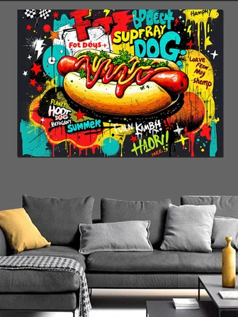 Patlayan Renkli Hot Dog Grafiti Dekoratif Kanvas - Mdf Ahşap Tablo