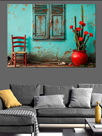 Turkuaz Duvar ve Çiçekler Dekoratif Kanvas - Mdf Ahşap Tablo