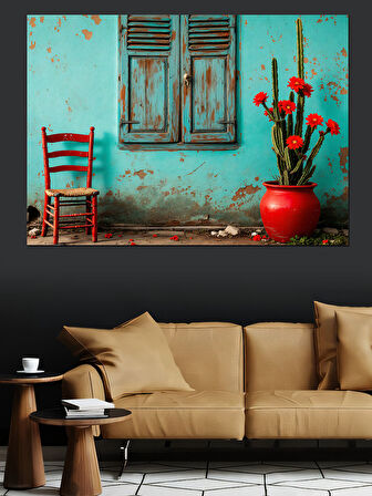Turkuaz Duvar ve Çiçekler Dekoratif Kanvas - Mdf Ahşap Tablo