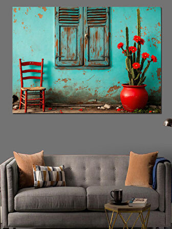 Turkuaz Duvar ve Çiçekler Dekoratif Kanvas - Mdf Ahşap Tablo