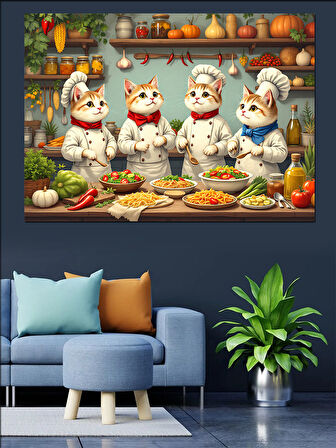 Mutlu Mutfak Kedileri Dekoratif Kanvas - Mdf Ahşap Tablo