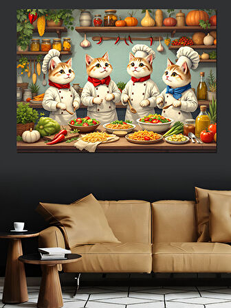 Mutlu Mutfak Kedileri Dekoratif Kanvas - Mdf Ahşap Tablo