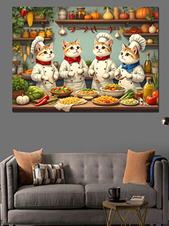 Mutlu Mutfak Kedileri Dekoratif Kanvas - Mdf Ahşap Tablo