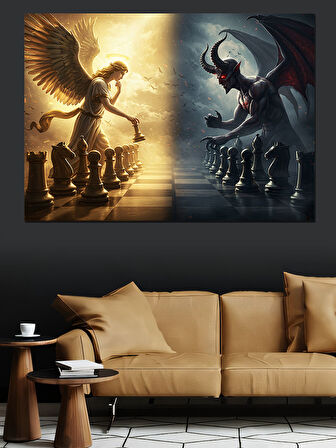 Melek ve Şeytan Satranç Dekoratif Kanvas - Mdf Ahşap Tablo