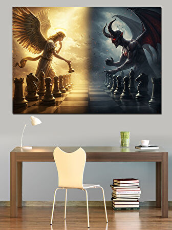 Melek ve Şeytan Satranç Dekoratif Kanvas - Mdf Ahşap Tablo