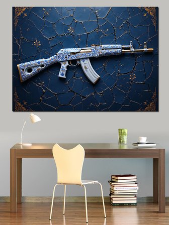 Desenli Mavi Tüfek Dekoratif Kanvas - Mdf Ahşap Tablo