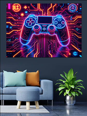 RGB Neon Oyun Kumandası Dekoratif Kanvas - Mdf Ahşap Tablo