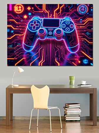 RGB Neon Oyun Kumandası Dekoratif Kanvas - Mdf Ahşap Tablo