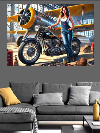 Motorsikletli Pin-Up Kadın Dekoratif Kanvas - Mdf Ahşap Tablo