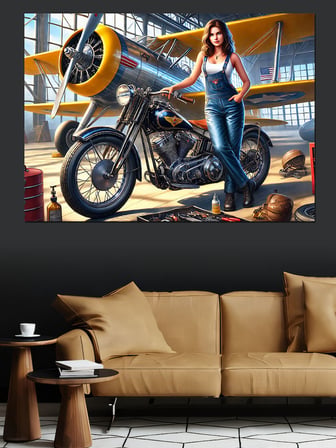 Motorsikletli Pin-Up Kadın Dekoratif Kanvas - Mdf Ahşap Tablo
