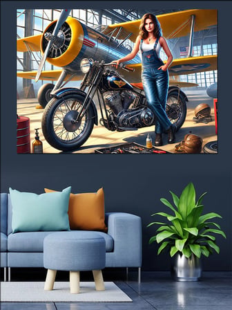 Motorsikletli Pin-Up Kadın Dekoratif Kanvas - Mdf Ahşap Tablo
