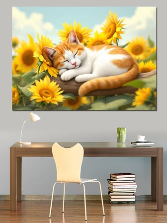 Ayçiçekleri Arasında Uyuyan Kedi Dekoratif Kanvas - Mdf Ahşap Tablo