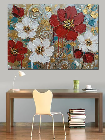Kırmızı Beyaz Vintage Çiçekler Dekoratif Kanvas - Mdf Ahşap Tablo