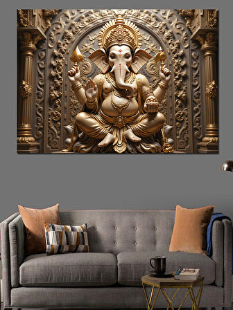 Kabartmalı Altın Ganeşa Heykeli Dekoratif Kanvas - Mdf Ahşap Tablo