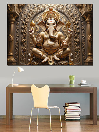 Kabartmalı Altın Ganeşa Heykeli Dekoratif Kanvas - Mdf Ahşap Tablo