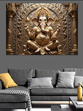 Kabartmalı Altın Ganeşa Heykeli Dekoratif Kanvas - Mdf Ahşap Tablo