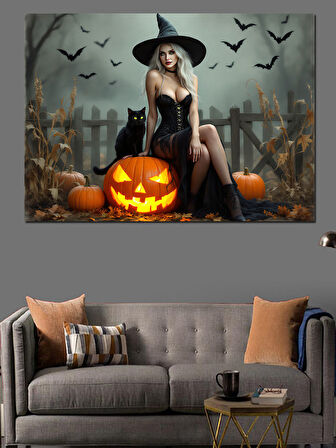 Cadılar Bayramı Şapkalı Kadın Dekoratif Kanvas - Mdf Ahşap Tablo