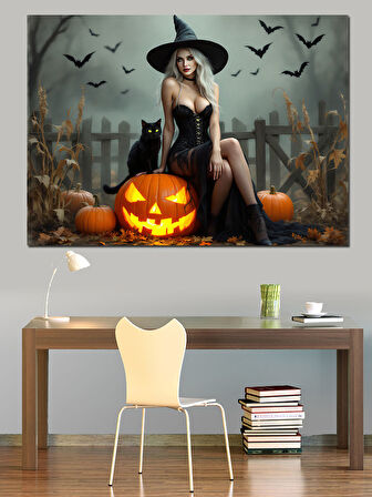 Cadılar Bayramı Şapkalı Kadın Dekoratif Kanvas - Mdf Ahşap Tablo