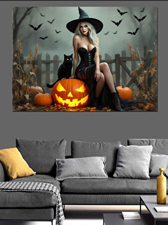 Cadılar Bayramı Şapkalı Kadın Dekoratif Kanvas - Mdf Ahşap Tablo