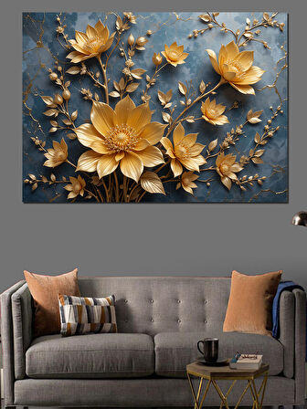 Altın Kabartmalı Lotus Çiçekleri Dekoratif Kanvas - Mdf Ahşap Tablo
