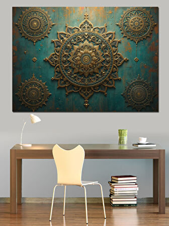 Altın Kabartmalı Mandala Motifi Dekoratif Kanvas - Mdf Ahşap Tablo