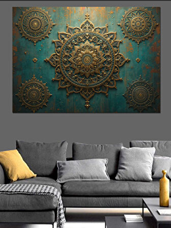 Altın Kabartmalı Mandala Motifi Dekoratif Kanvas - Mdf Ahşap Tablo
