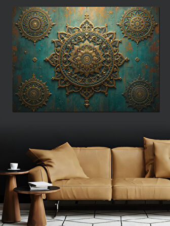 Altın Kabartmalı Mandala Motifi Dekoratif Kanvas - Mdf Ahşap Tablo