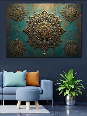 Altın Kabartmalı Mandala Motifi Dekoratif Kanvas - Mdf Ahşap Tablo