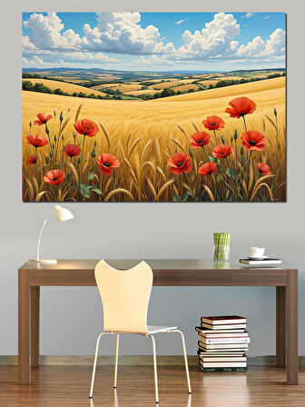 Buğday Tarlasında Gelincikler Dekoratif Kanvas - Mdf Ahşap Tablo