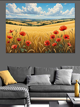 Buğday Tarlasında Gelincikler Dekoratif Kanvas - Mdf Ahşap Tablo