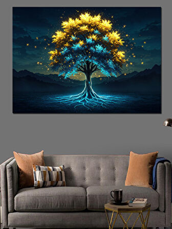 Karanlıkta Parlayan Mavi Ağaç Dekoratif Kanvas - Mdf Ahşap Tablo