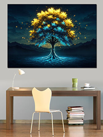 Karanlıkta Parlayan Mavi Ağaç Dekoratif Kanvas - Mdf Ahşap Tablo