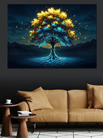 Karanlıkta Parlayan Mavi Ağaç Dekoratif Kanvas - Mdf Ahşap Tablo